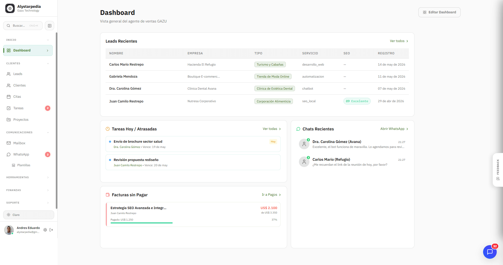 Vista del pipeline de ventas en Gazu Stack CRM